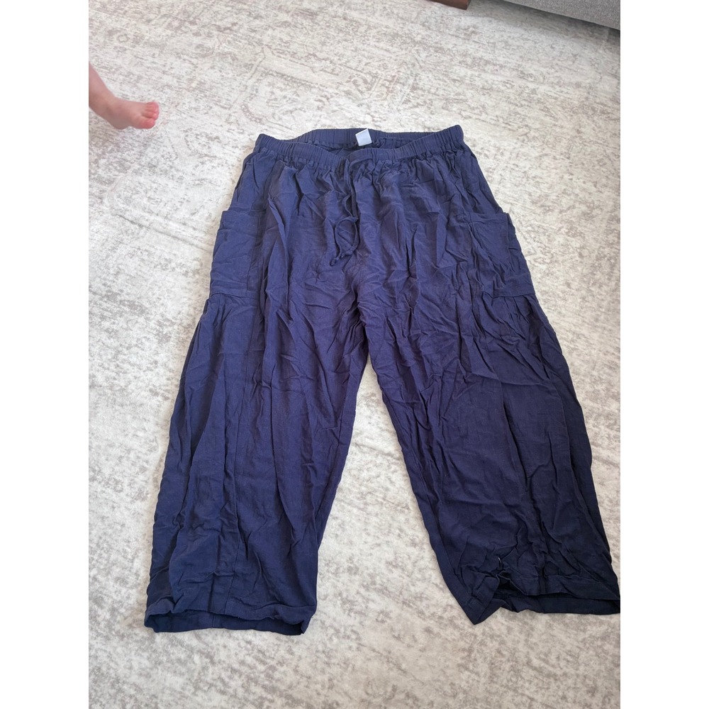 Tarse Womens Navy Blue Linen Blend Wide Leg Cargo Pants XL Elastic Waist Relaxed